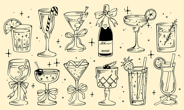 Christmas cocktail. Champagne, Xmas drink, hand drawn martini. Doodle alcohol in glass, whiskey with ice, margarita and lemonade. Vintage wine with bow, glass party icon. Retro bar. Vector holiday