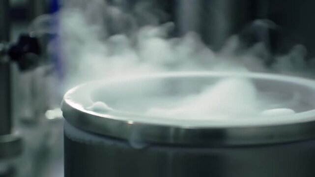 Close-up of liquid nitrogen vapor spilling over the edge of a metal container inside a laboratory