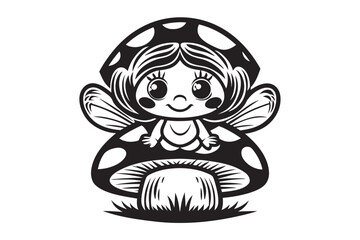 Monochrome of Cute Mushroom Fairy Girl Character on White Background