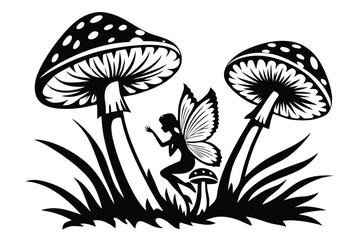 Mushroom Fairy Silhouette on Toadstool with Spotted Caps White Background