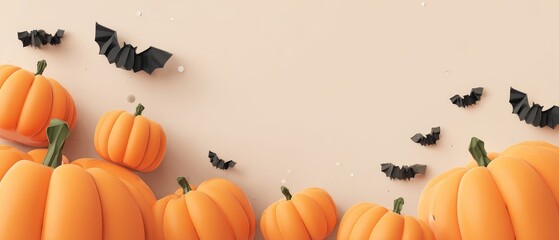 Cheerful pastel halloween pumpkin banner for holiday promotions spooky background with bats