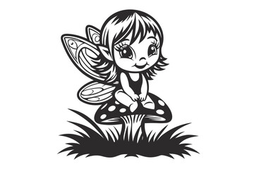 Whimsical Fairy with Winged Details Sitting on a Mushroom in Vector, White Background