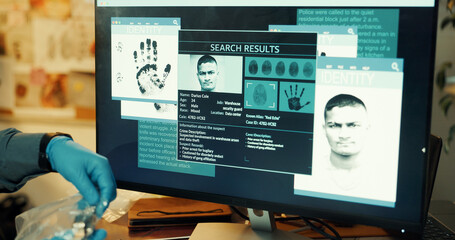 Computer screen, suspect or hands of detective with evidence for crime, DNA lead or investigation....