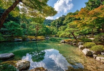Serene Japanese garden pond, autumn colors