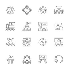 Conference Icon Set. Vector Illustrations for Business Meeting, Corporate Event, Online Webinar, Seminar, Networking, Presentation, Collaboration, and Team Communication