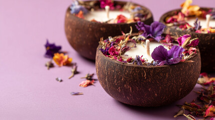 Perfumed candle and decorations in coconut halves isolated on pink background