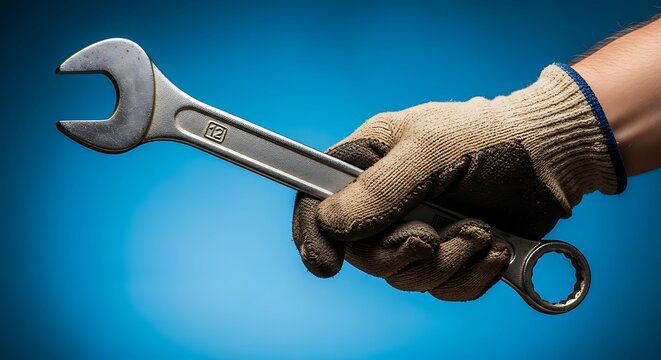 Hand gripping a wrench on a vibrant blue backdrop depicting mechanical work