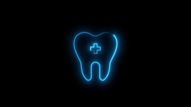 Neon glowing blue color Tooth icon 4k video animation on black background. dental shape animation. bright tooth icon animation. Neon Clean tooth dental care video icon. teeth sign video animation	