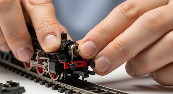 hands assembling miniature model train on tracks