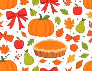 Autumnal harvest pattern with pumpkins, pie, leaves, and bows