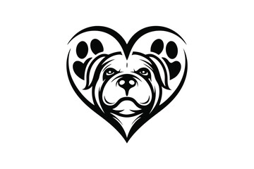 of Dog Face with Paw Prints Heart Shape, Cute Pet Mascot on White