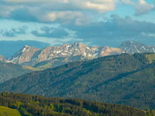 Aerial panoramic view of Gantrisch mountains in Switzerland