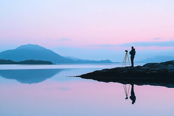 Capturing the tranquility a lone photographer at dawn with landscape reflection scene in pastel