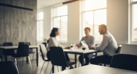 Blurred office workspace, interior workplace with cityscape for business presentation background