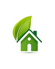 Eco-Friendly Home Icon: A sleek green home symbol is artfully designed with a prominent leaf, representing sustainable living and ecological harmony.