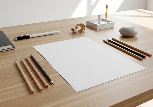 Minimalist Workspace Still Life with Blank Paper and Writing Implements on Wooden Desk