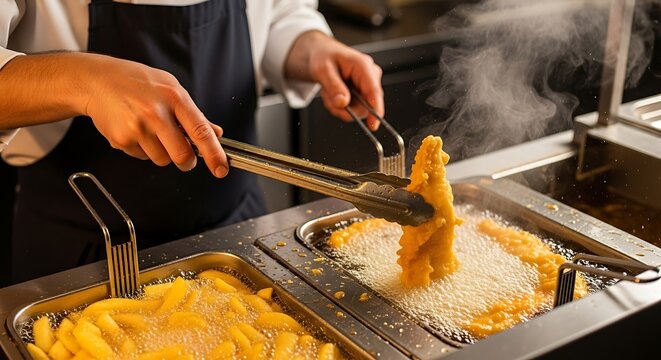 Professional Chef Deep Frying Food in Commercial Kitchen.