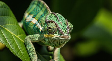 Obraz premium Intricate close-up of a subtle chameleon camouflaged amongst a lush backdrop of colorful, detailed tropical foliage.