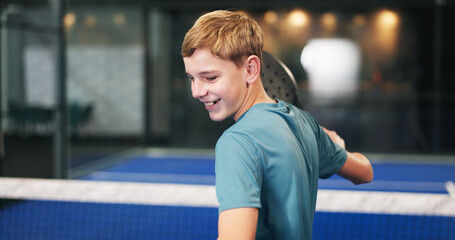 Padel tennis, athlete and teenager with racket, court or training for tournament, fitness or...