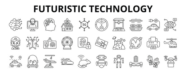 30 Futuristic Technology Line Icons Vector - AI, Super Brain, Intelligence Assistant, 3D Printer, Cyborg, Drone Delivery, 5G internet, Eco House