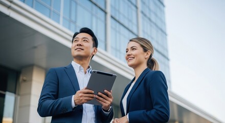 Experienced businessman uses a digital tablet while conversing with a young professional employee outdoors near the office building entrance.
