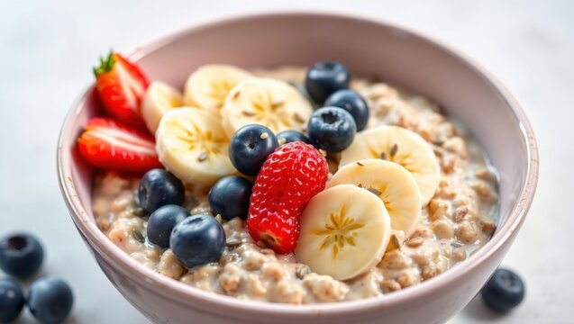 Fresh banana and berry smoothie bowl with seeds
