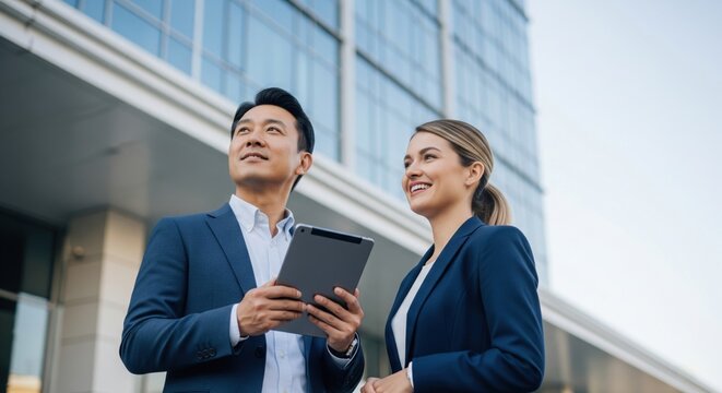 Experienced businessman uses a digital tablet while conversing with a young professional employee outdoors near the office building entrance. - Powered by Adobe