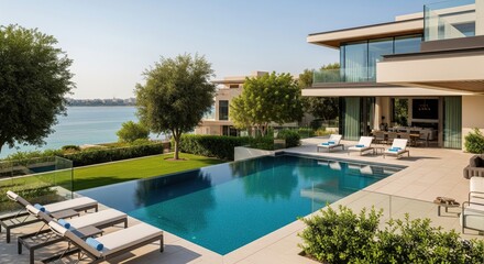 Fototapeta premium Beautifully crafted modern house design with pool, exterior visualization