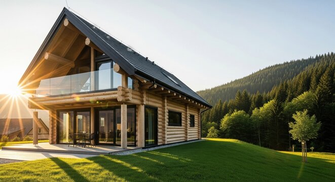Beautifully crafted modern house design, cabin in the mountains, exterior visualization