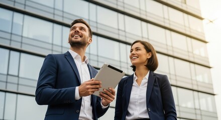Two professional businesswomen, friends, walking and discussing work over coffee outside a modern office building