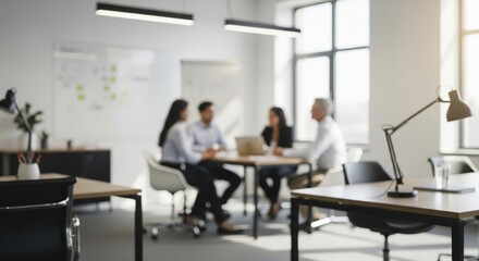 Blurred office workspace, interior workplace with cityscape for business presentation background