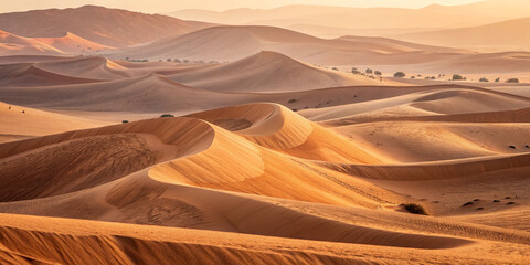 A scenic view of endless sand dunes under the soft glow of the morning sun in a vast desert landscape | background"png"