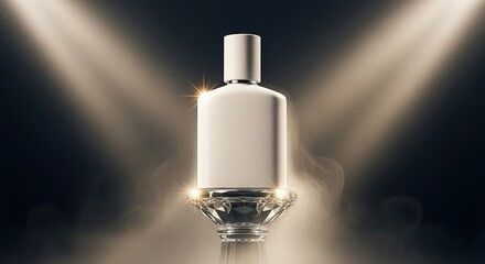 Naklejka premium Elegant perfume bottle illuminated by spotlight on dark background