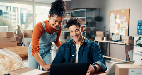 Small business team, logistics or people with laptop for sales inventory, online order or shipping....