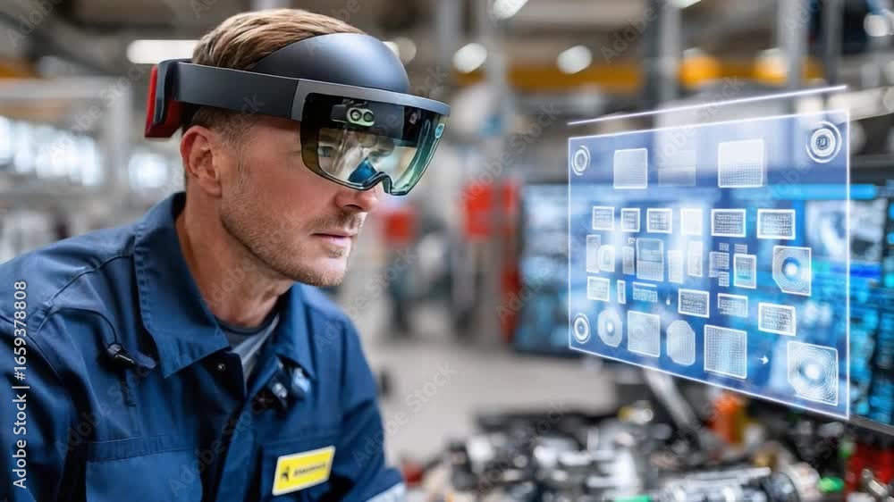 Aufkleber engineer utilizing augmented reality: a focused engineer in a factory environment utilizes augmented