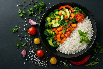 AI generated bowl of white rice with broccoli carrot tomato pepper onion and herbs on dark stone background showing freshness balance nutrition and healthy lifestyle