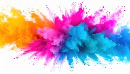 Fototapeta premium Dynamic burst of colorful powder creating an abstract art piece with vibrant hues on a white background.