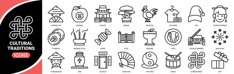 Cultural Traditions icon set. Containing icon of chinese knot, chinese hat, new year, gift, drum and more. Perfect pixel, Outline vector icons collection.