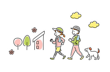 春にウォーキングをする男女と犬のベクターイラスト