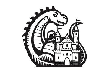 Monochrome Dragon with Spikes Coiling Around Cartoon Style Castle