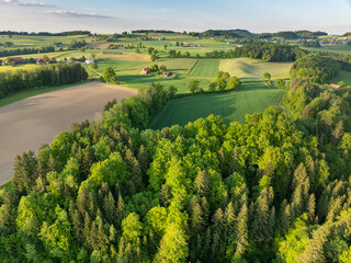 Aerial view of rural landscape in Swiss canton of Fribourg. Hills and forests in evening sunlight in district of Sense.