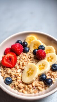 Fresh banana and berry smoothie bowl with seeds
