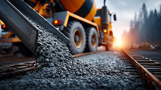 Wet concrete pouring from a cement mixer truck chute onto rebar reinforcement at a road construction site