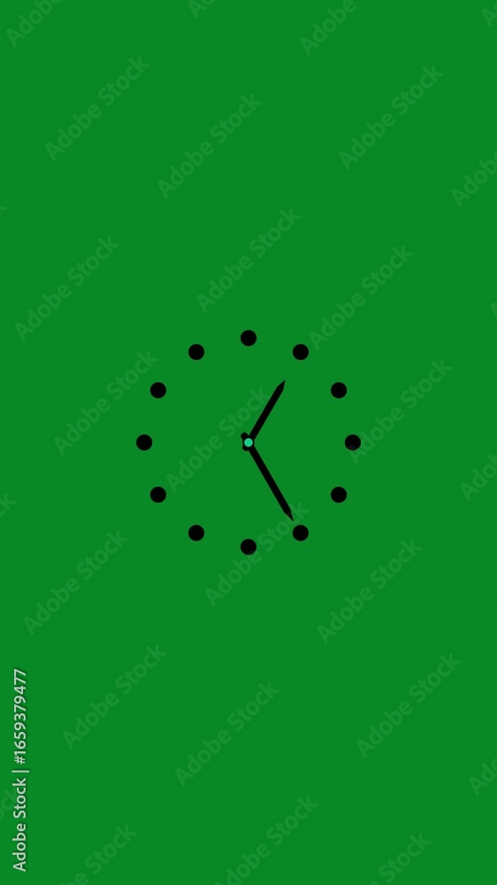 Poster analog clock illustration on solid green background with bold dots as hour markers and simple hands 