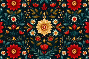 Traditional Ethnic floral pattern with red and yellow flowers, green leaves, and ethnic decorative elements on dark background