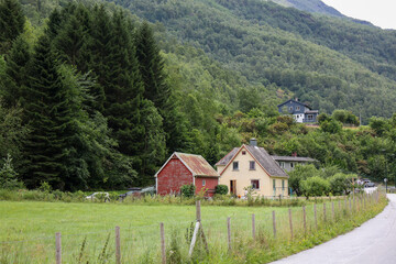Village Flam in the mountains of the Norway, Sognefjord