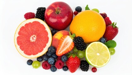 Naklejka premium A vibrant assortment of fresh fruits including citrus, berries, and apples, perfect for promoting healthy eating and nutrition.