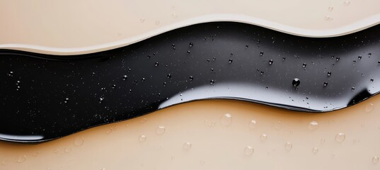 Obraz premium Abstract close-up of two contrasting liquid textures, black and beige, flowing in a wavy pattern with scattered droplets