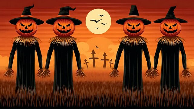 Spooky scarecrows with pumpkin heads and witch hats holding hands in a field with crosses at sunset, creating a halloween atmosphere