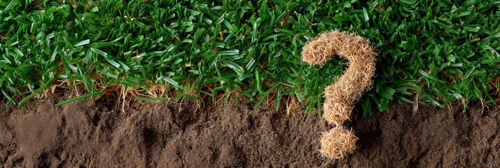 Dried grass question mark on soil and fresh green grass background